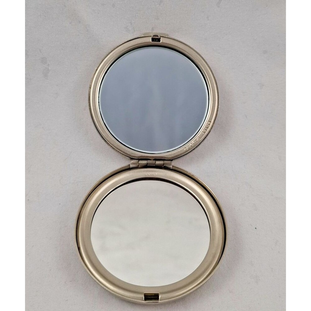 Estee Lauder Silver Tone & Gray Faux Suede 2.5 Inch Round Compact Mirror-NICE!